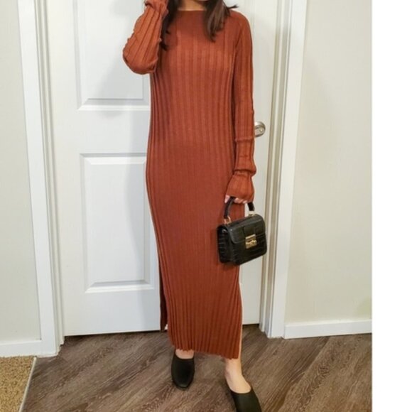 Asos Rust Brown Ribbed Long Sleeve Shift Dress 2 - Picture 1 of 11